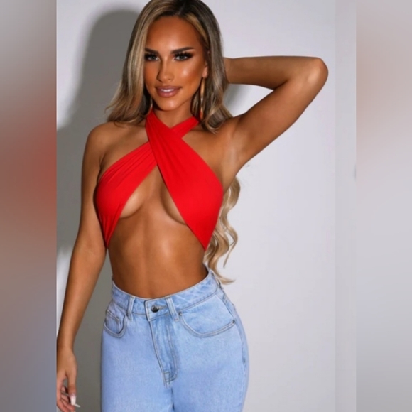 BABYBOO XAVIA CROP HALTER TOP/BATHING SUIT TOP-REAL RED SIZE XS NWT - Picture 5 of 10